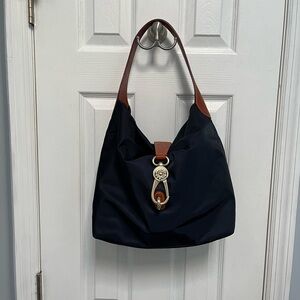 Dooney & Bourke Navy Logo Lock shoulder bag nylon brown leather trim EUC